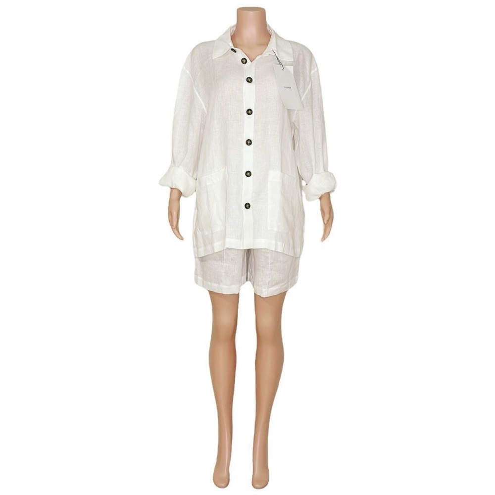 SLEEPER Linen Pajama Set With Shorts, White, XS/S - Picture 11 of 14